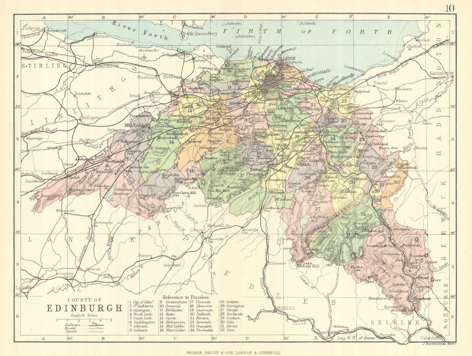 'County of Edinburgh'. Edinburghshire. Parishes. BARTHOLOMEW 1888 old map